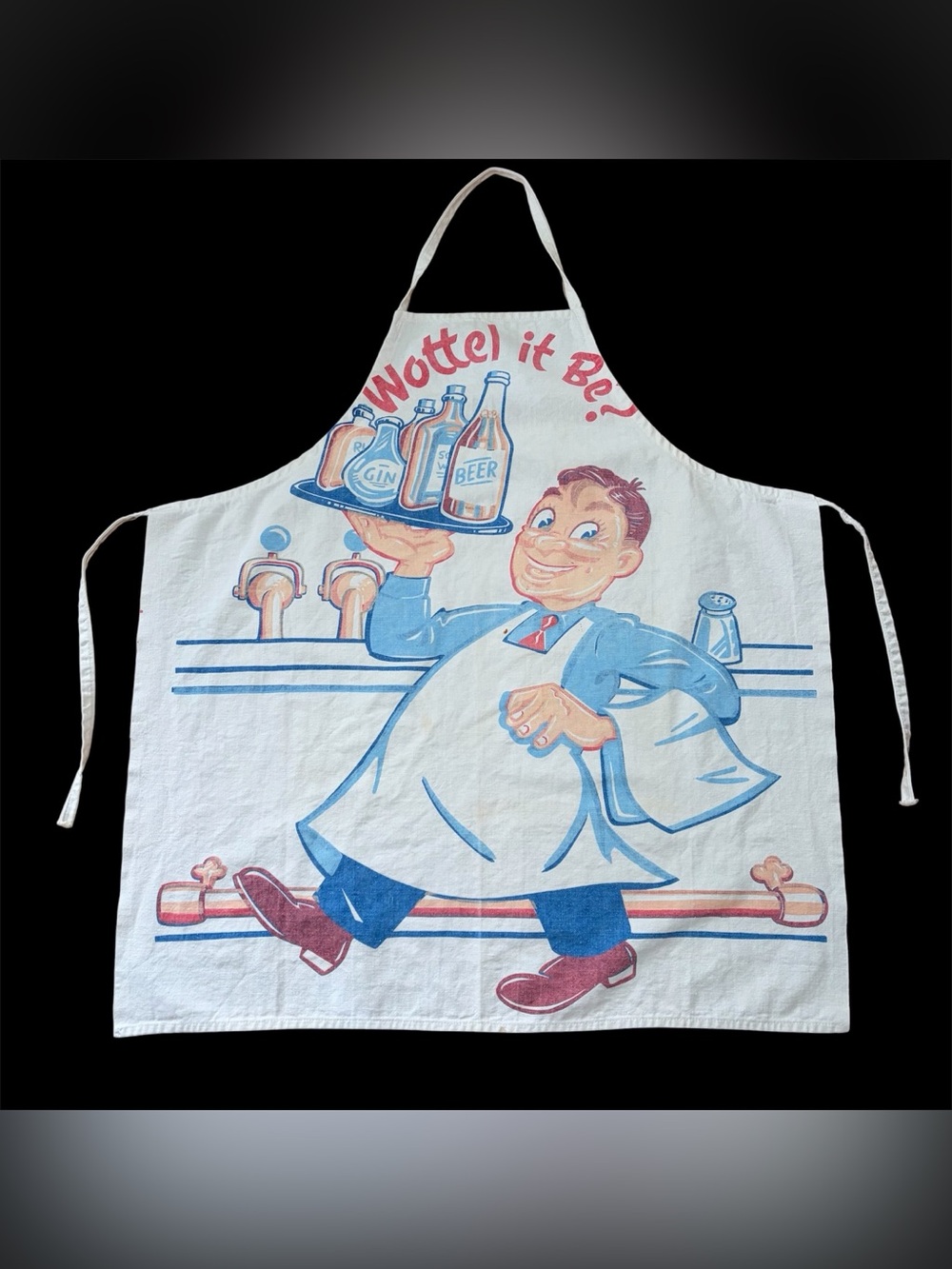 Wottel it Be? 1950s Cotton Apron Barkeep Waiter Beer Gin Kitschy Fun VINTAGE
